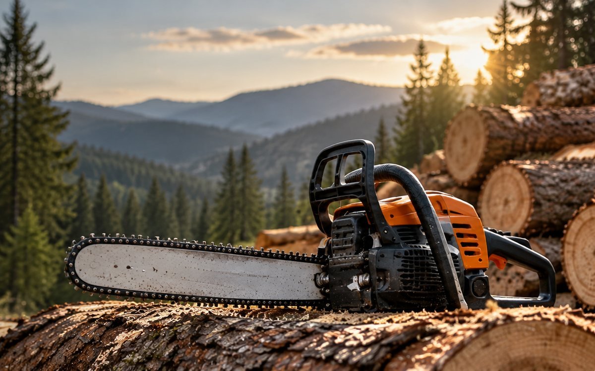 Chainsaw resting on a cut log beside stacked timber in a forest valley